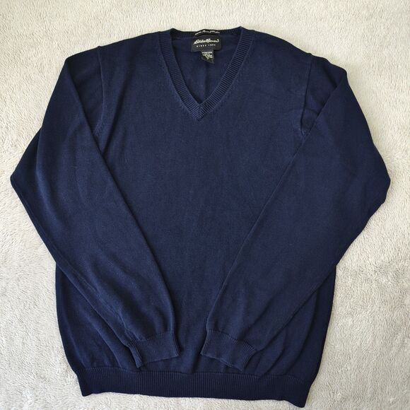 Eddie Bauer V-Neck Sweater Men's L Tall Blue 100% Supima Cotton Made in UK - Picture 1 of 4